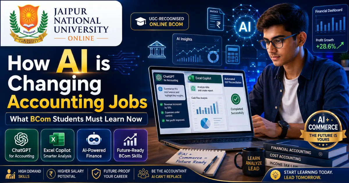 AI in accounting for BCom students: BCom students using AI tools like ChatGPT and Excel Copilot for accounting and financial analysis on a laptop — JNU Online