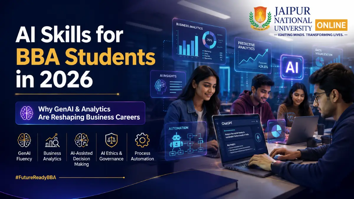 AI skills for BBA students: BBA students learning AI skills with GenAI tools, Power BI dashboards, and analytics modules in a 2026 online classroom