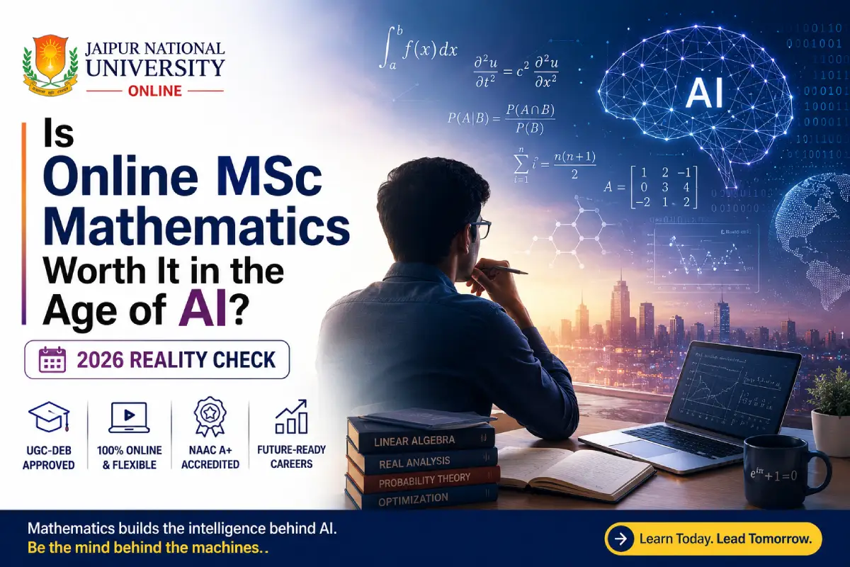 Online MSc Mathematics in the age of AI – Indian student solving advanced equations on a laptop with neural network and AI overlays, representing JNU Online's UGC-DEB approved postgraduate Mathematics programme for 2026.