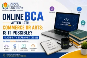 Online BCA after 12th eligibility guide 2026 — Commerce, Arts, and Science stream students with laptops representing inclusive admission to UGC-approved BCA programs at JNU Online