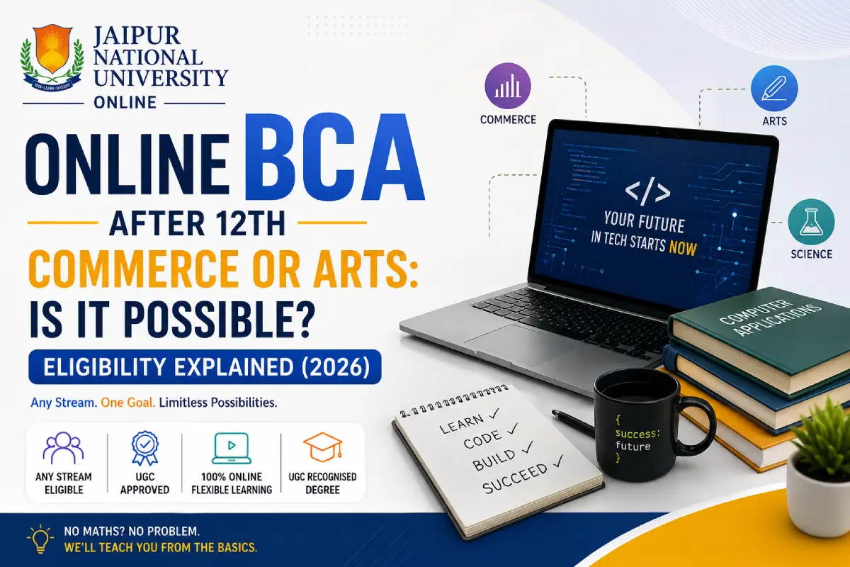 Online BCA after 12th eligibility guide 2026 — Commerce, Arts, and Science stream students with laptops representing inclusive admission to UGC-approved BCA programs at JNU Online
