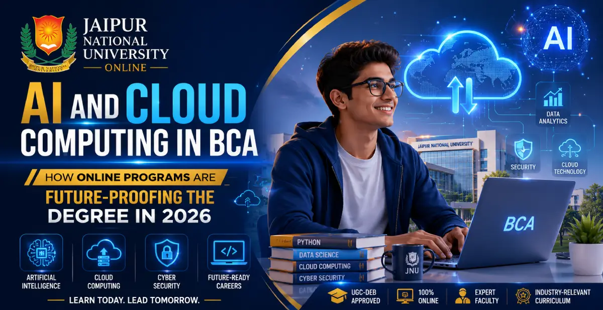 AI and cloud computing in BCA — an online BCA student working on cloud and AI dashboards with cybersecurity icons, showing how JNU Online BCA integrates future-ready tech skills