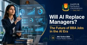 Future of BBA jobs in the AI era — a business manager reviewing AI analytics dashboards with a team, showing how JNU Online BBA graduates work alongside artificial intelligence.