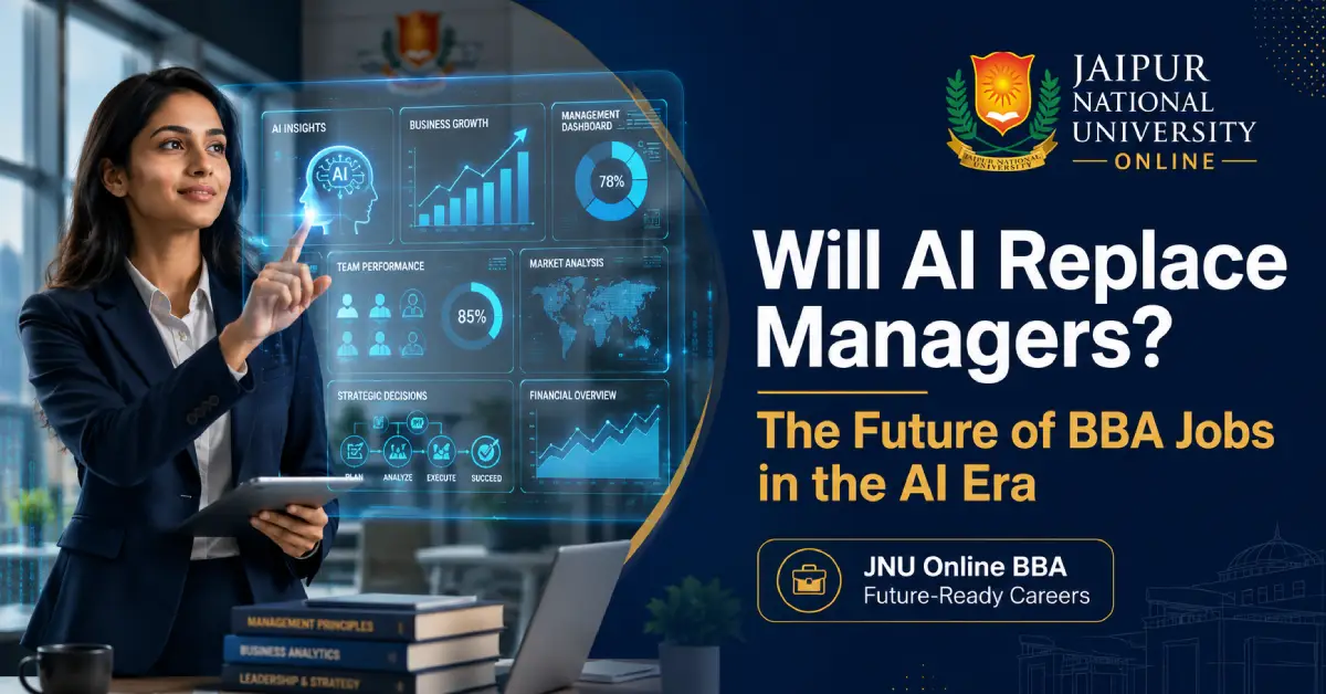 Future of BBA jobs in the AI era — a business manager reviewing AI analytics dashboards with a team, showing how JNU Online BBA graduates work alongside artificial intelligence.