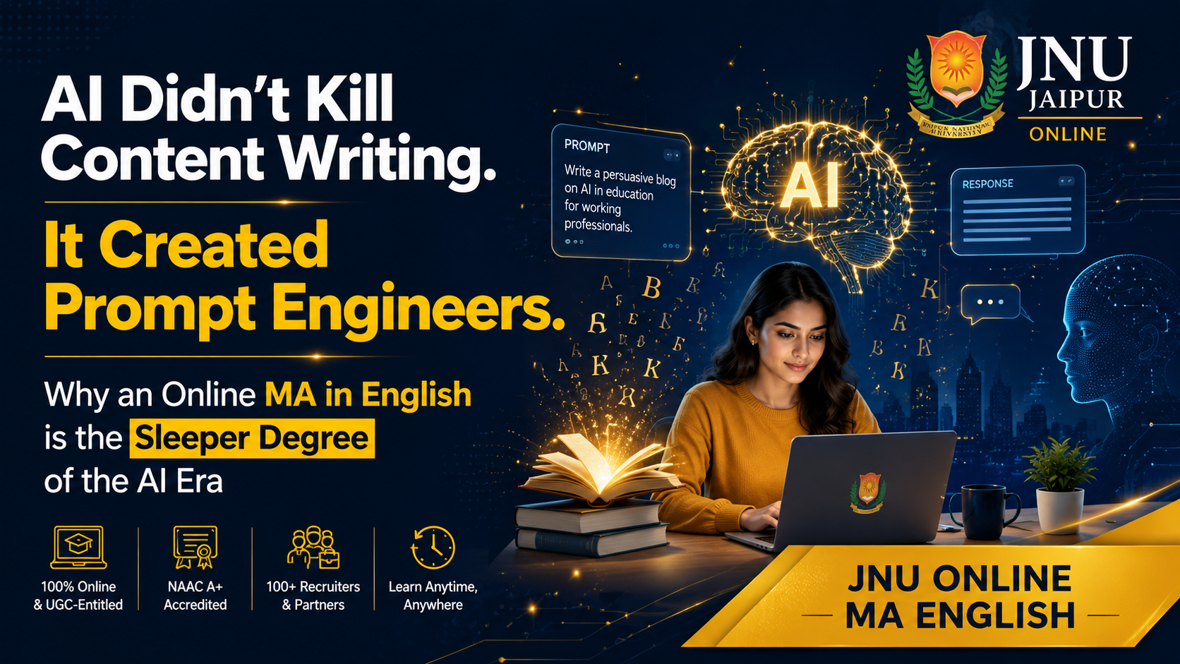 AI didn't kill English grads—it created prompt engineers. See the MA English scope in AI era, 2026 salaries & why JNU's online master's in English wins.AI didn't kill English grads—it created prompt engineers. See the MA English scope in AI era, 2026 salaries & why JNU's online master's degree in English wins.