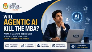 Manager collaborating with an AI agent, illustrating the AI era for a Masters in Business Administration in India.