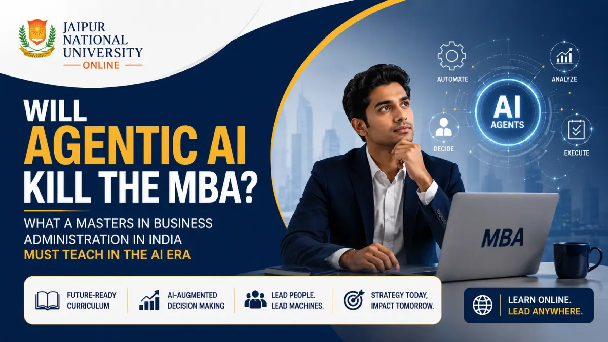 Manager collaborating with an AI agent, illustrating the AI era for a Masters in Business Administration in India.