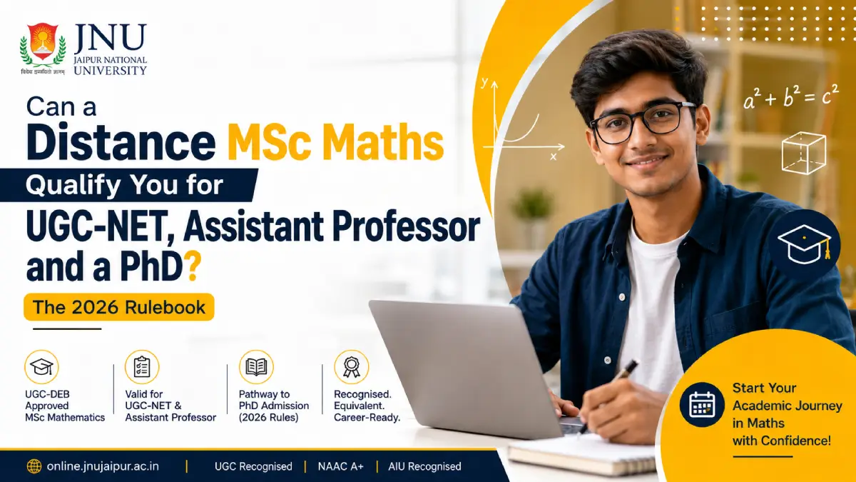 Infographic explaining how a UGC-DEB approved distance education for MSc Maths qualifies students for UGC-NET, Assistant Professor and PhD in 2026.