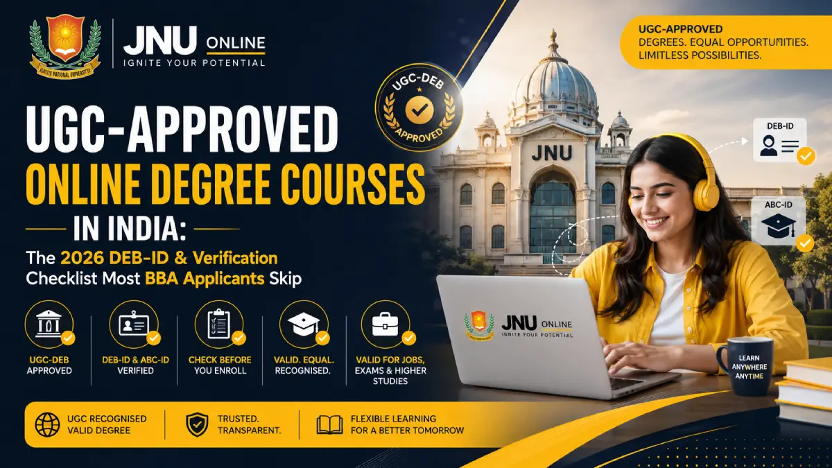 Student verifying UGC-approved online degree courses in India on the UGC-DEB portal with a 2026 DEB-ID checklist