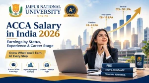 ACCA salary in India 2026 comparison — Indian finance professional reviewing salary bands for ACCA student, affiliate and member across Big 4, GCC and corporate employers, with JNU Online B.Com as the degree foundation