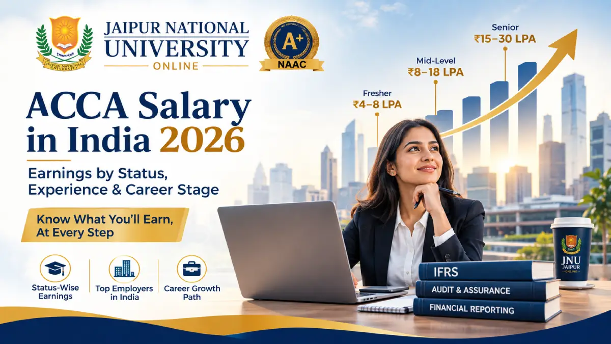 ACCA salary in India 2026 comparison — Indian finance professional reviewing salary bands for ACCA student, affiliate and member across Big 4, GCC and corporate employers, with JNU Online B.Com as the degree foundation