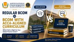 Regular BCom vs BCom with ACCA comparison — Indian commerce student reviewing ACCA exemption levels, paper counts and fee breakdown for a UGC-DEB entitled online BCom degree at JNU Online