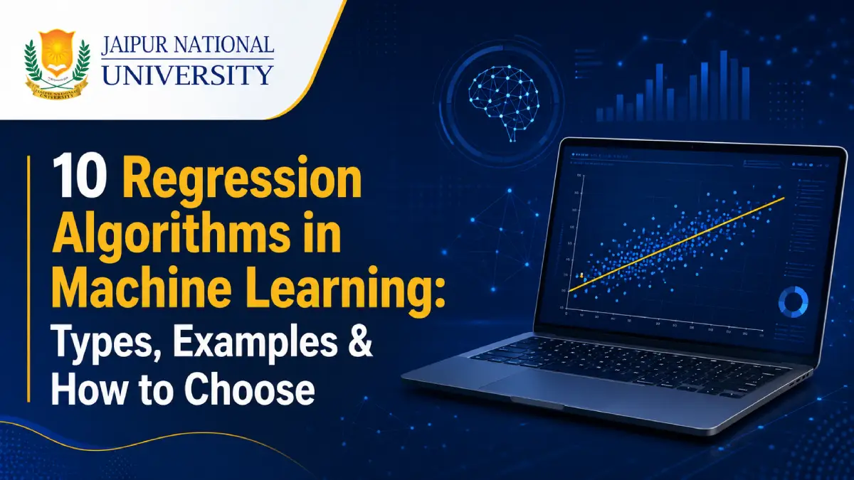 Comparison of 10 regression algorithms in machine learning — linear, ridge, lasso, elastic net, decision tree, random forest, gradient boosting, SVR and KNN — shown as a decision chart for students of JNU Online's Diploma in AI & ML