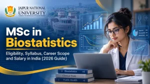 MSc in Biostatistics student analysing clinical trial data on a laptop – eligibility, syllabus and career scope guide by JNU Online