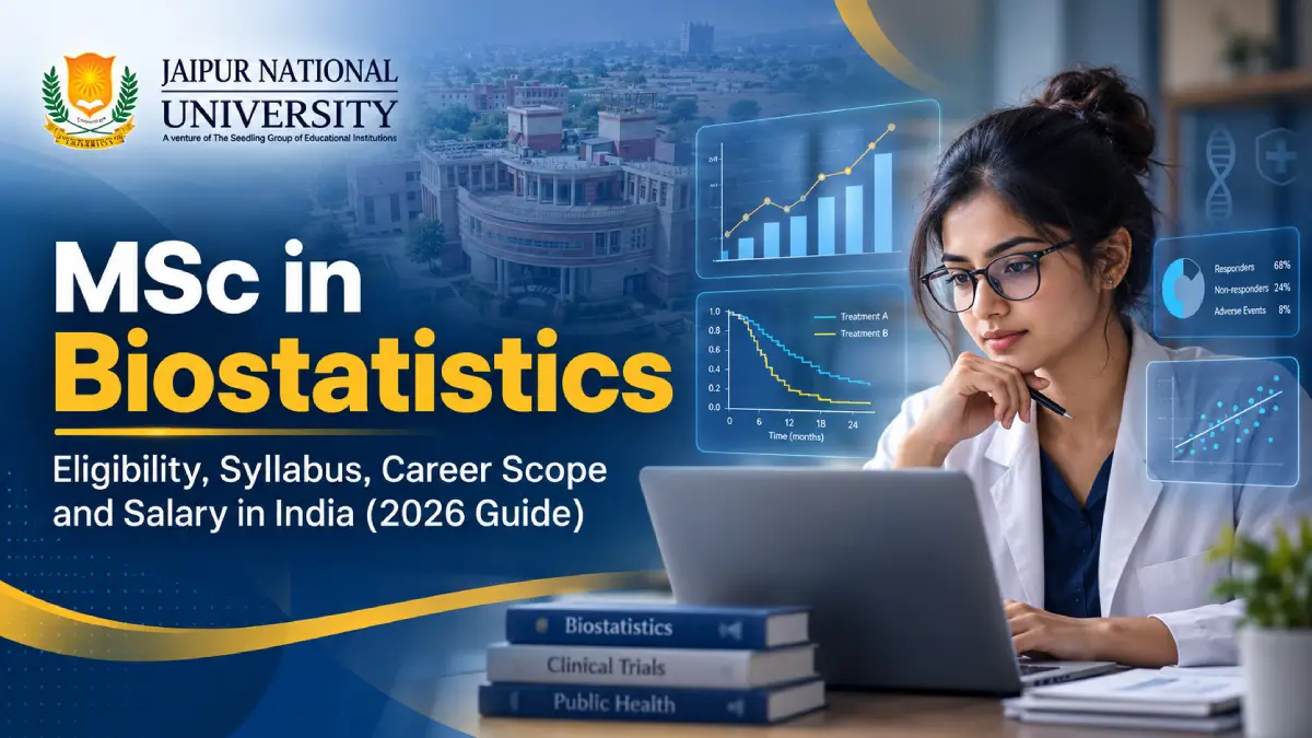 MSc in Biostatistics student analysing clinical trial data on a laptop – eligibility, syllabus and career scope guide by JNU Online