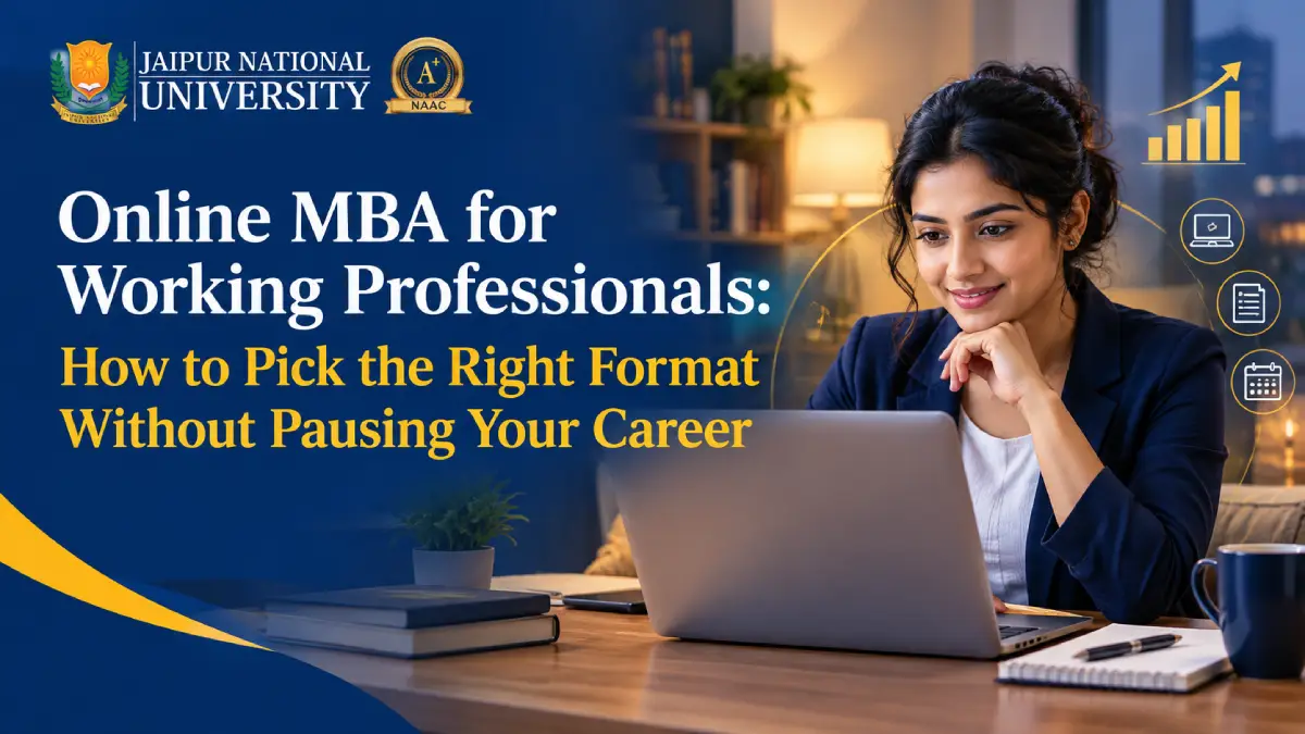 Online MBA for working professionals with a business professional studying on a laptop at home while balancing career and education.