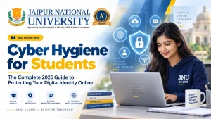 Indian student practising cyber hygiene on a laptop with two-factor authentication and digital identity protection icons — JNU Jaipur Online