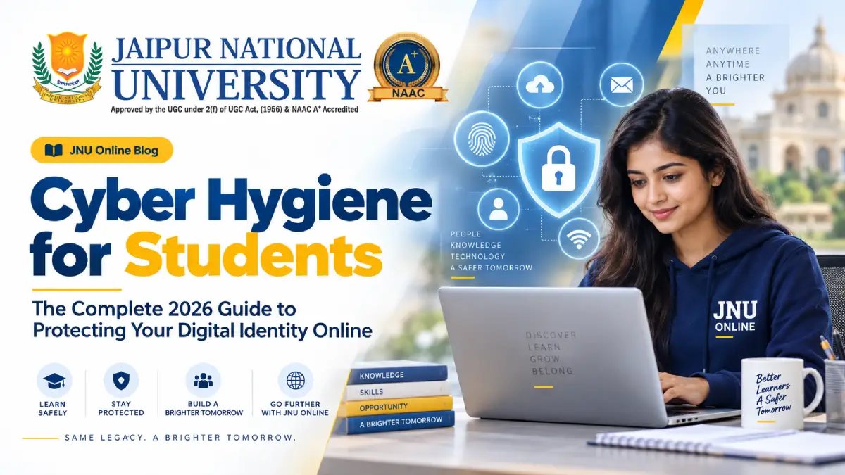 Indian student practising cyber hygiene on a laptop with two-factor authentication and digital identity protection icons — JNU Jaipur Online