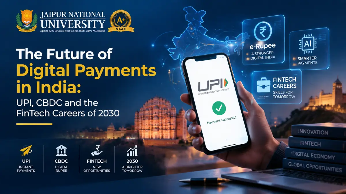 Future of digital payments in India shown through a UPI QR code scan, e-Rupee digital wallet and FinTech career icons — JNU Jaipur Online