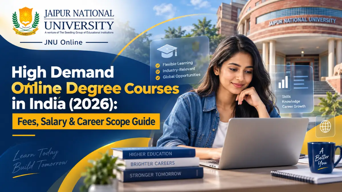 Indian student studying high demand online degree courses in India on a laptop with MBA, MCA, BCA and data science icons - JNU Jaipur Online