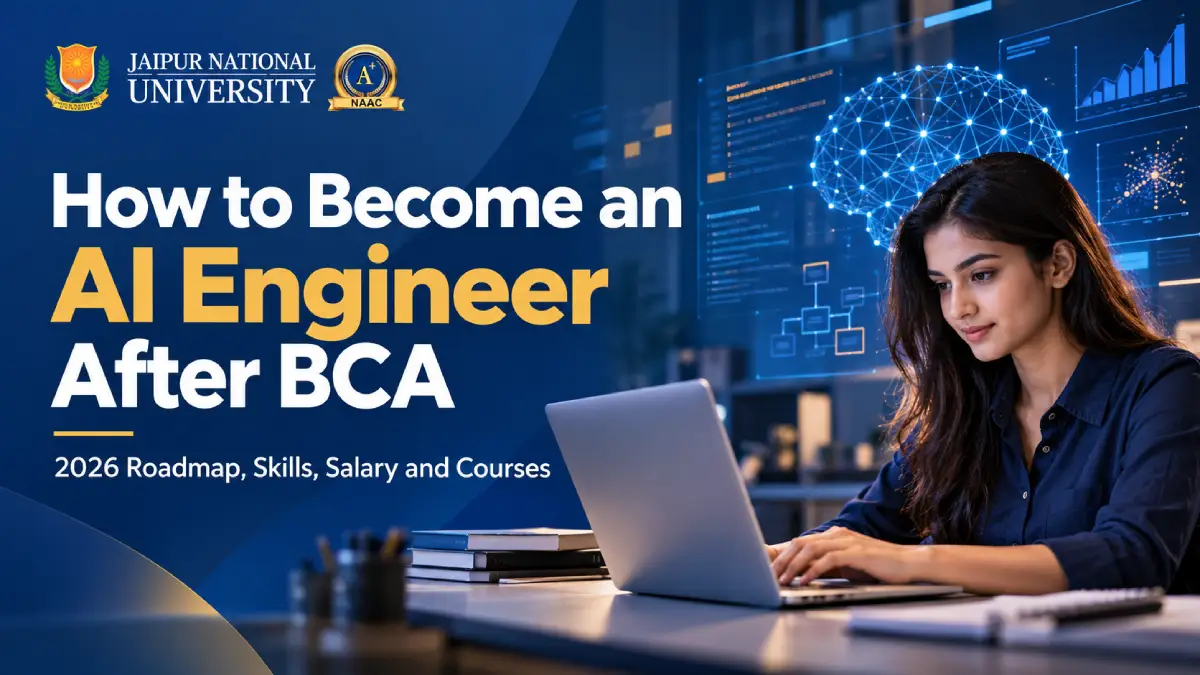 Indian BCA student building a machine learning model in Python on a laptop, showing the roadmap to become an AI engineer after BCA – JNU Jaipur Online
