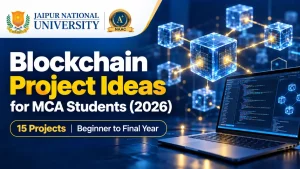 Blockchain project ideas for MCA students: student coding a smart contract dApp on a laptop - JNU Jaipur Online
