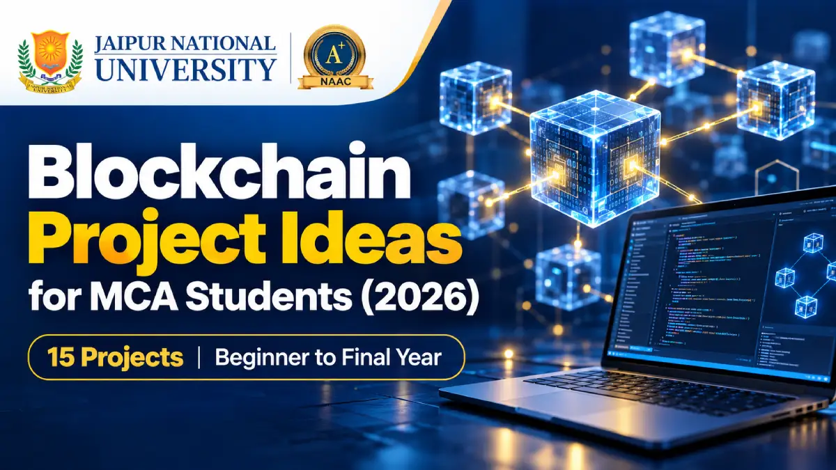 Blockchain project ideas for MCA students: student coding a smart contract dApp on a laptop - JNU Jaipur Online