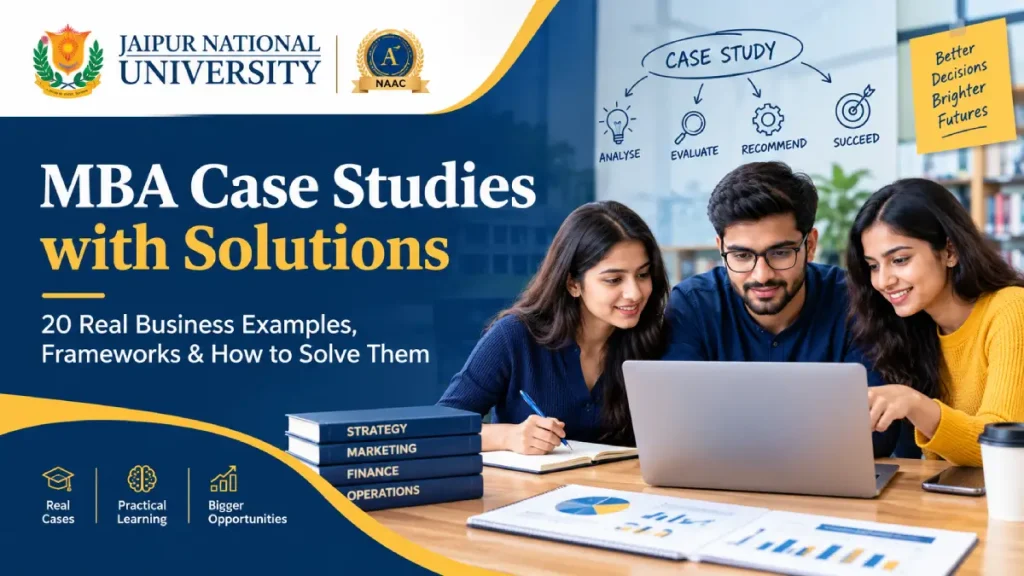 MBA students analysing business case studies with solutions on a laptop with SWOT and strategy charts – JNU Jaipur Online MBA