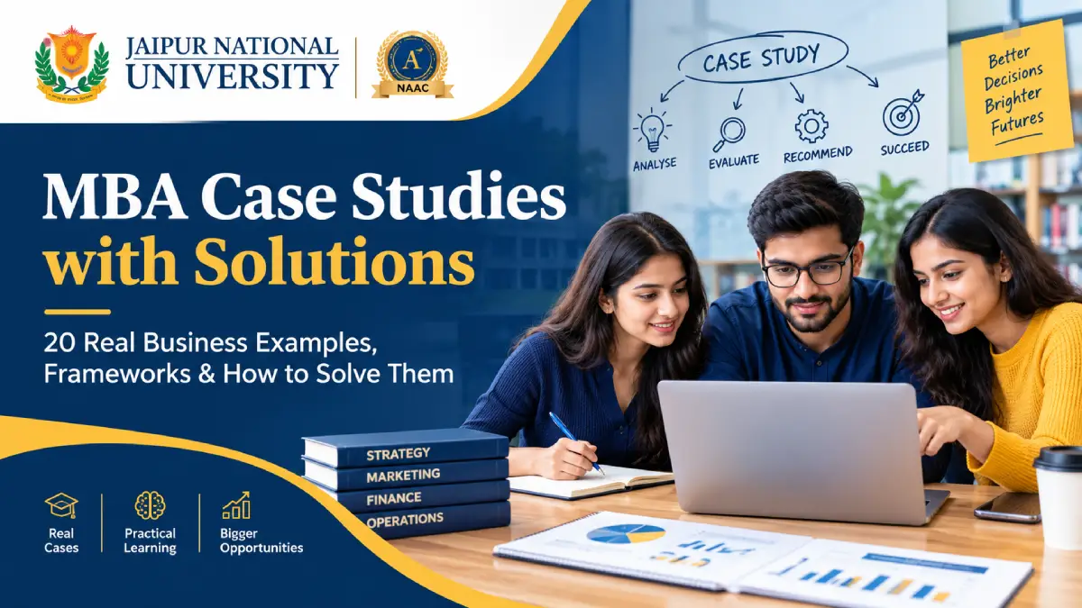 MBA students analysing business case studies with solutions on a laptop with SWOT and strategy charts – JNU Jaipur Online MBA