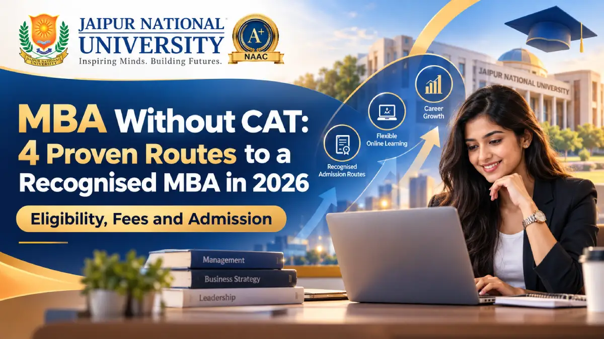 MBA without CAT: working professional studying a UGC-approved online MBA on a laptop at home - JNU Jaipur Online