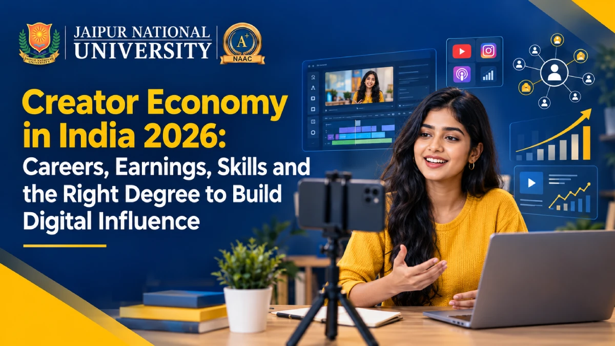 Indian student content creator filming a short video with a smartphone and ring light, representing careers in the creator economy in India – JNU Jaipur Online